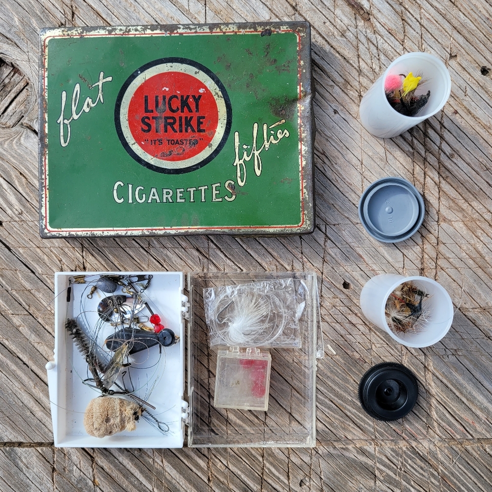Vintage Fly Fishing Junk Drawer Lot with Lucky Strike Tin